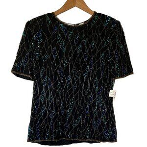Vintage Laurence Kazar Blouse Silk Sequined Beaded Black Blue Green Size L New